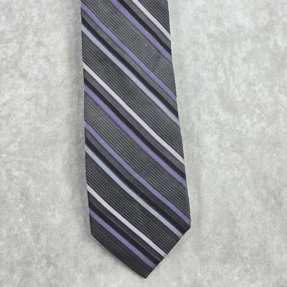 Calvin Klein Gray Purple Stripe‎ Repp Silk Geometric Neck Tie Men's
